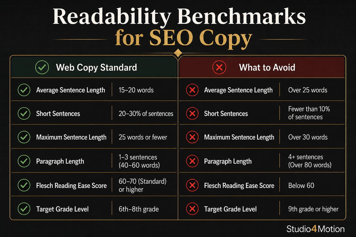 Comparison infographic showing SEO copy readability benchmarks including sentence length, paragraph length, and Flesch Reading Ease score
