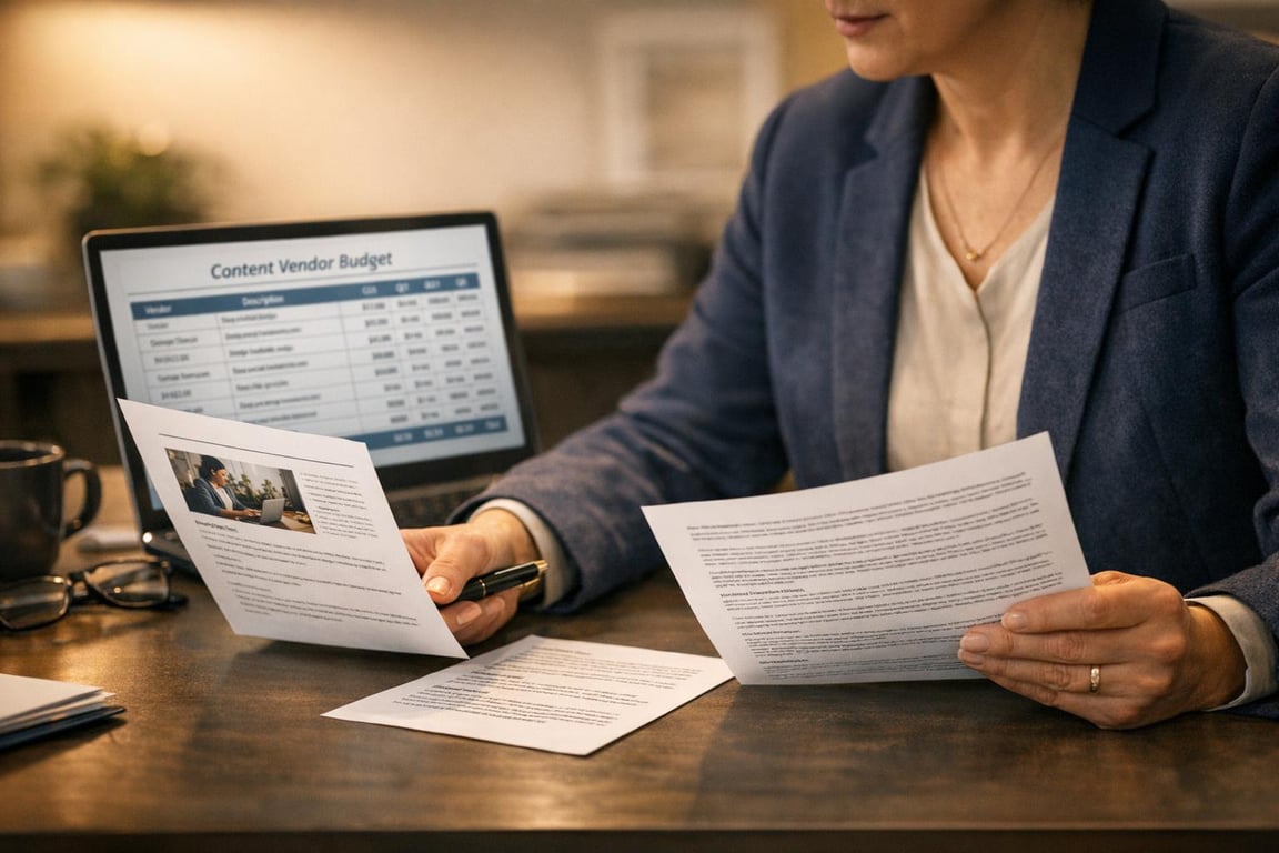 Person reviewing printed documents at a desk with a laptop displaying a content vendor budget spreadsheet.