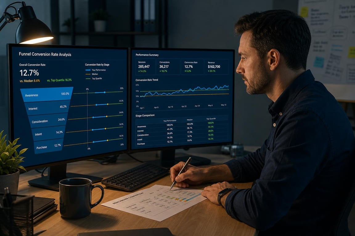 Marketing analyst studying B2B content marketing benchmark conversion rate charts on dual monitors in a dim analytics office