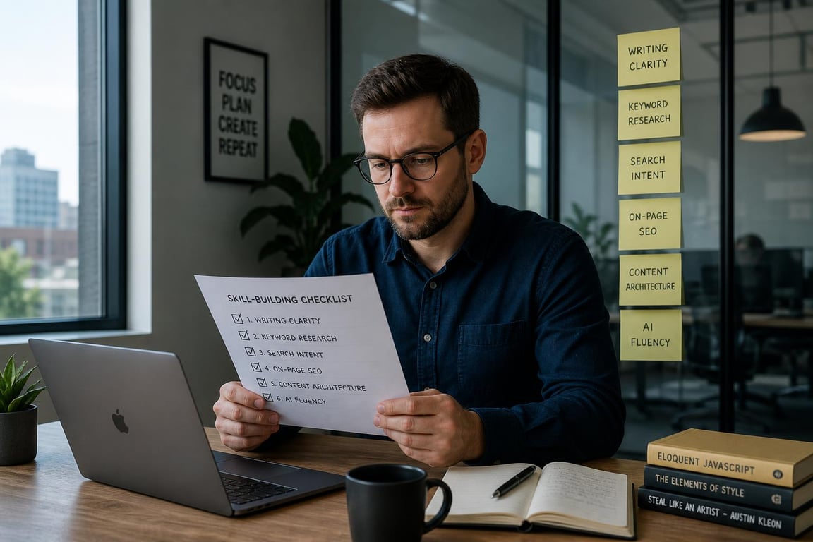 An SEO content writer reviewing a six-skill competency checklist at a modern workspace with labeled notes on a glass partition