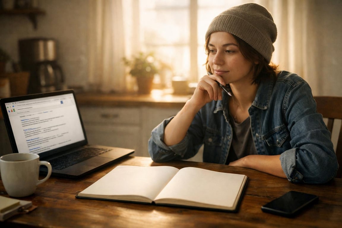 Young woman in beanie and denim jacket studying with open notebook and laptop on wooden table in cozy room.