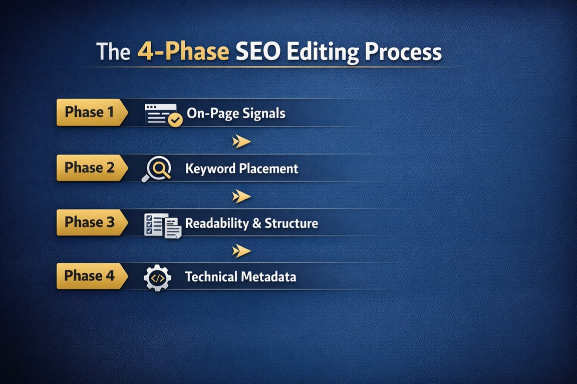 4-phase SEO editing process: on-page signals, keyword placement, readability & structure, technical metadata on blue background.