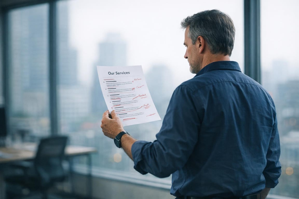 Man in navy shirt reviewing a document titled \
