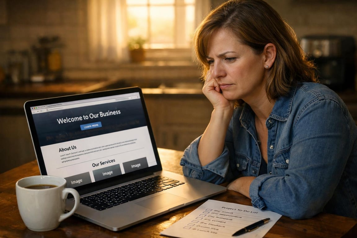 Woman in denim shirt focused on laptop with business website open, coffee cup and project to-do list on wooden table.