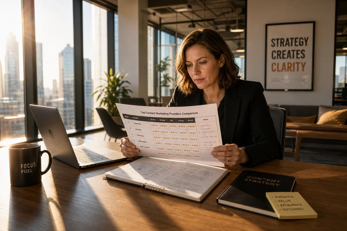 Woman reviewing a content marketing providers comparison chart in a modern office with city views and strategy-themed decor.