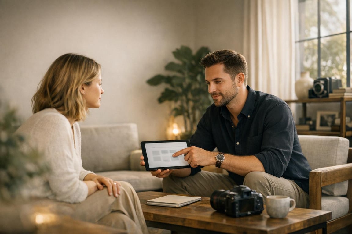 Two individuals engage in a discussion over a tablet in a cozy living room setting.
