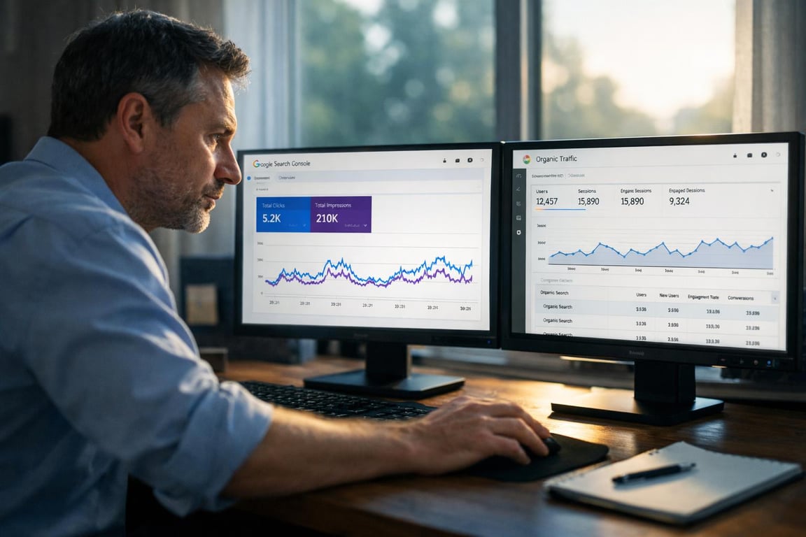 Man analyzing website traffic and SEO performance data on dual monitors using Google Search Console and analytics tools.