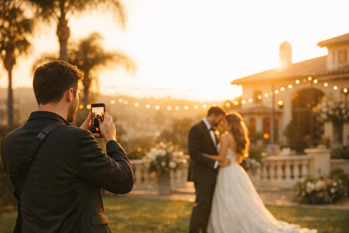Man taking photo of bride and groom embracing outdoors at sunset with elegant villa and string lights in background