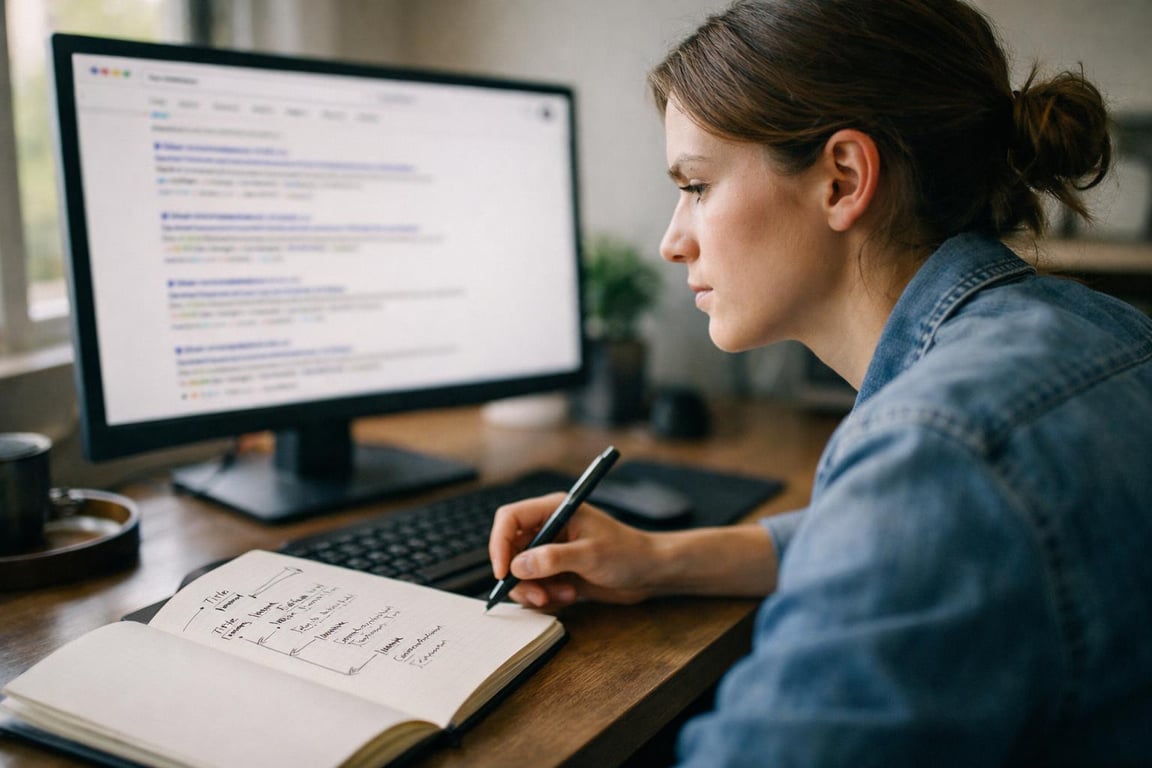 Woman in denim jacket taking notes from a computer screen showing search engine results at a wooden desk.