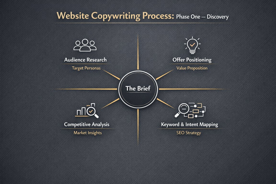 Website copywriting process phase one discovery showing audience research, offer positioning, competitive analysis, and keyword intent mapping.