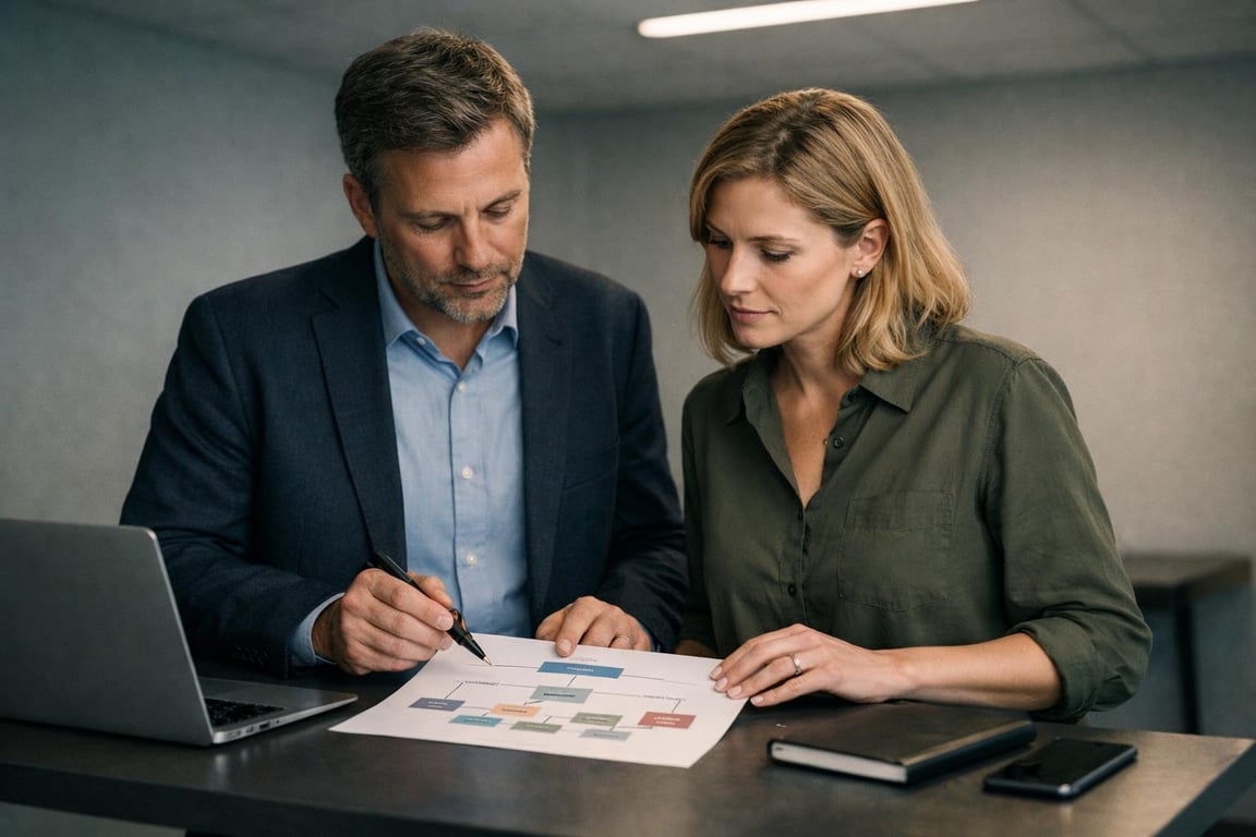 Man and woman reviewing a business flowchart together at a modern office desk with laptop and notebook.