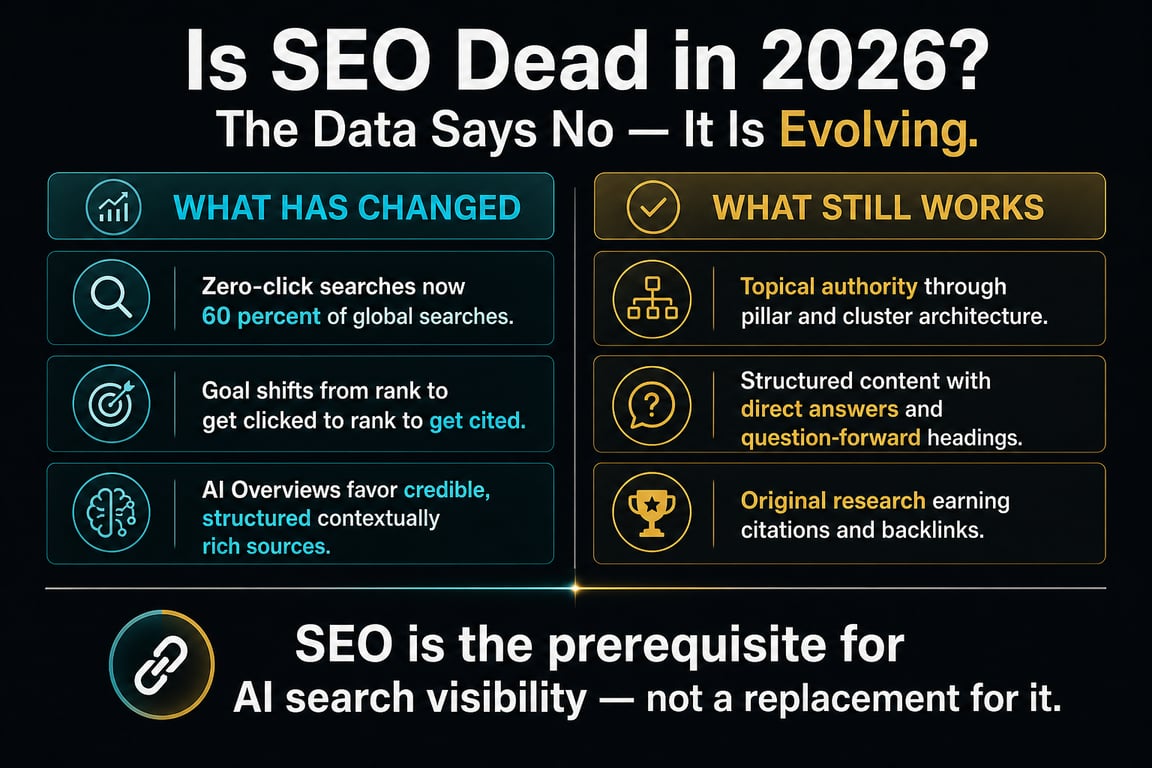 SEO evolution in 2026: zero-click searches, AI favoring credible sources, topical authority, structured content, and original research still work.