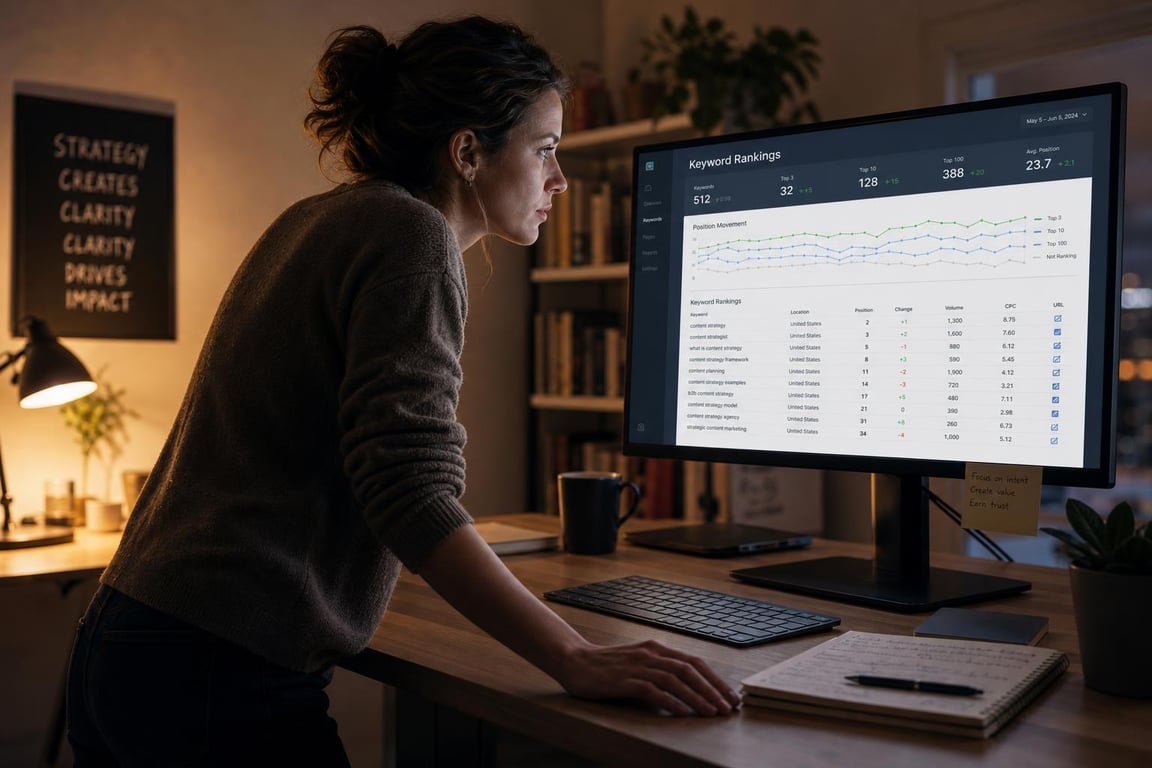 Content strategist studying a keyword ranking dashboard at night, monitor displaying position movement charts in a home office
