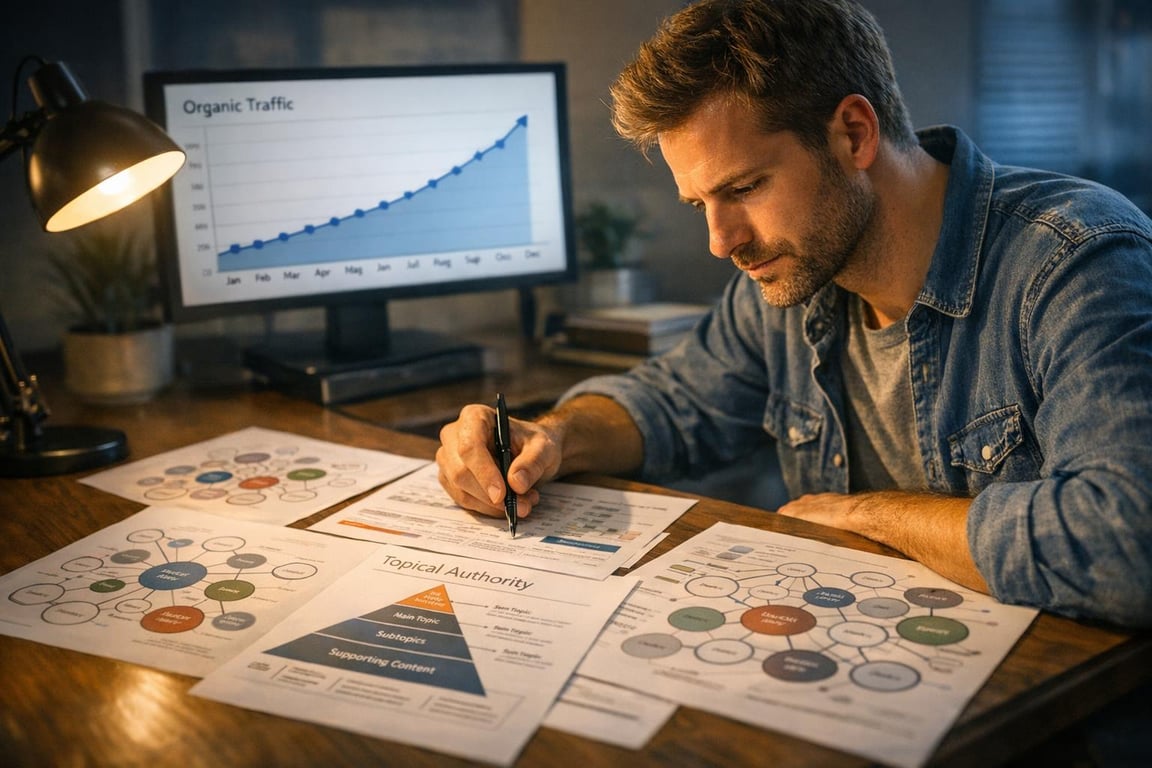 Man analyzing SEO strategy charts and data with a computer screen showing organic traffic growth graph.