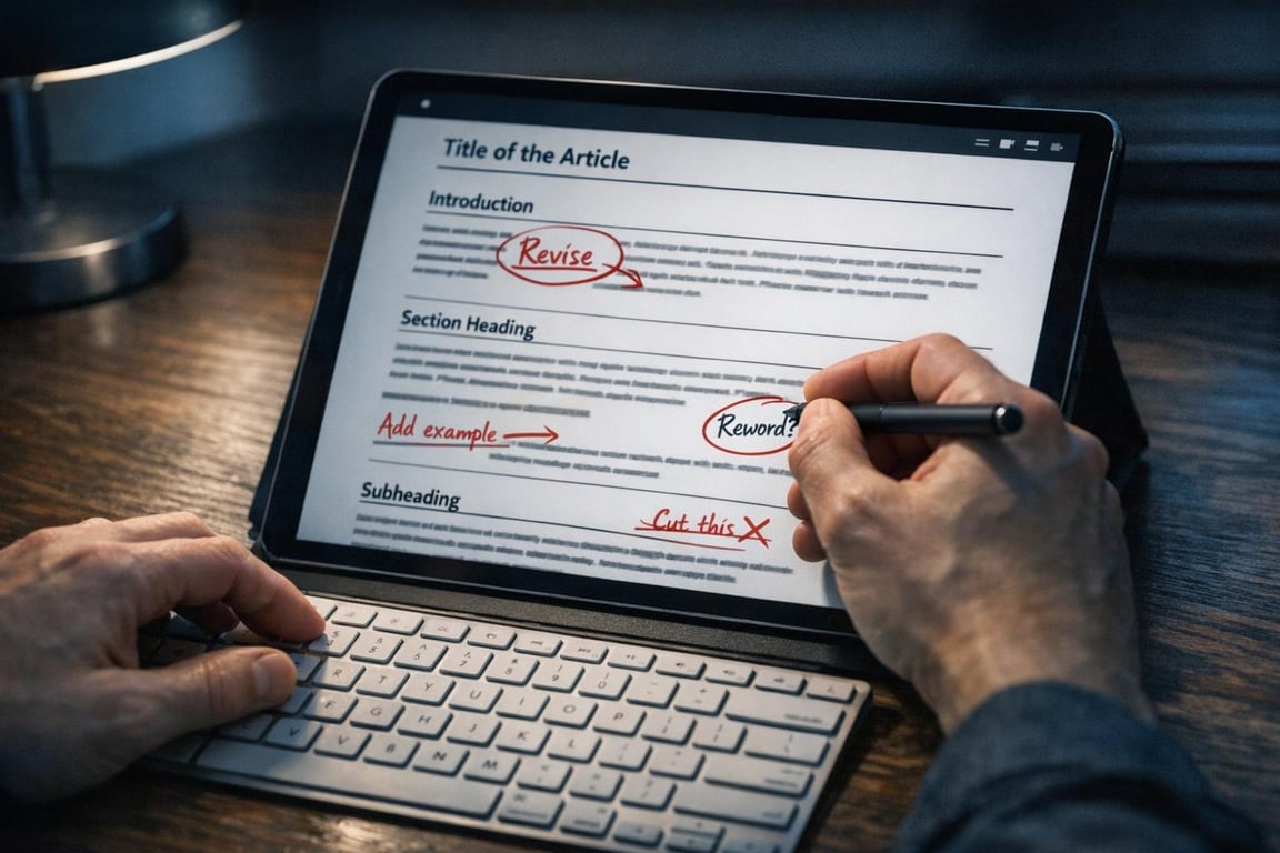 Person editing an article on a tablet with handwritten red notes like "Revise," "Add example," "Reword," and "Cut this."
