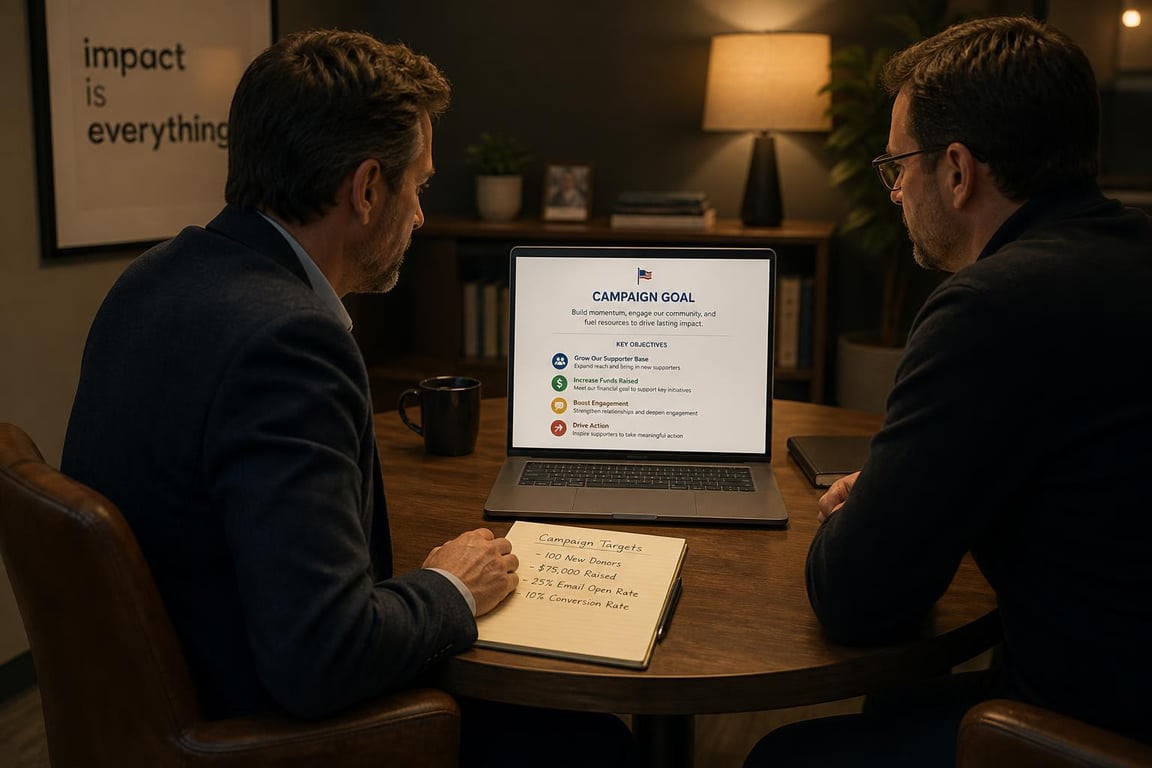 Business owner and colleague reviewing an SEO campaign goal document on a laptop at a small office table with handwritten targets visible