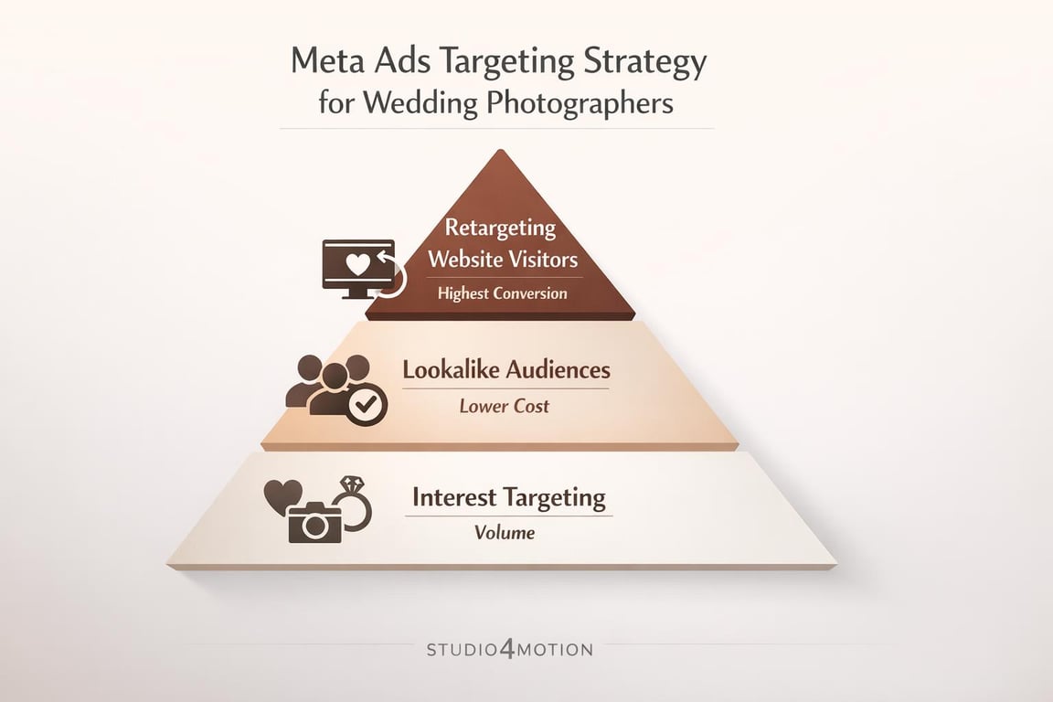 Meta ads targeting strategy pyramid for wedding photographers focusing on retargeting, lookalike audiences, and interest targeting.
