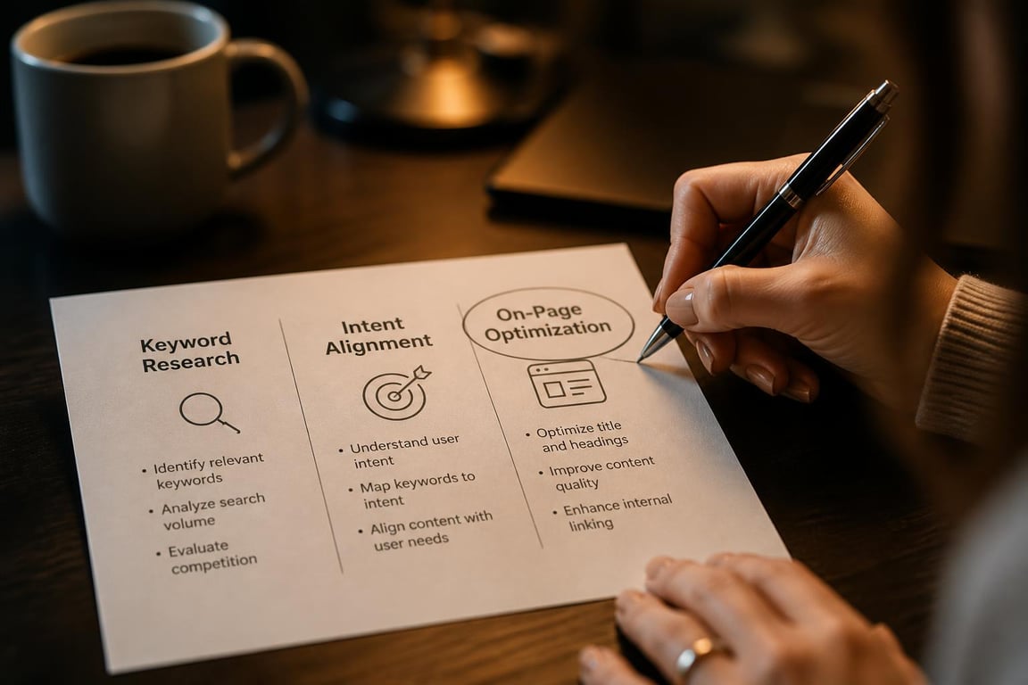 Close-up of hands circling on-page optimization on a printed three-component SEO copywriting framework document