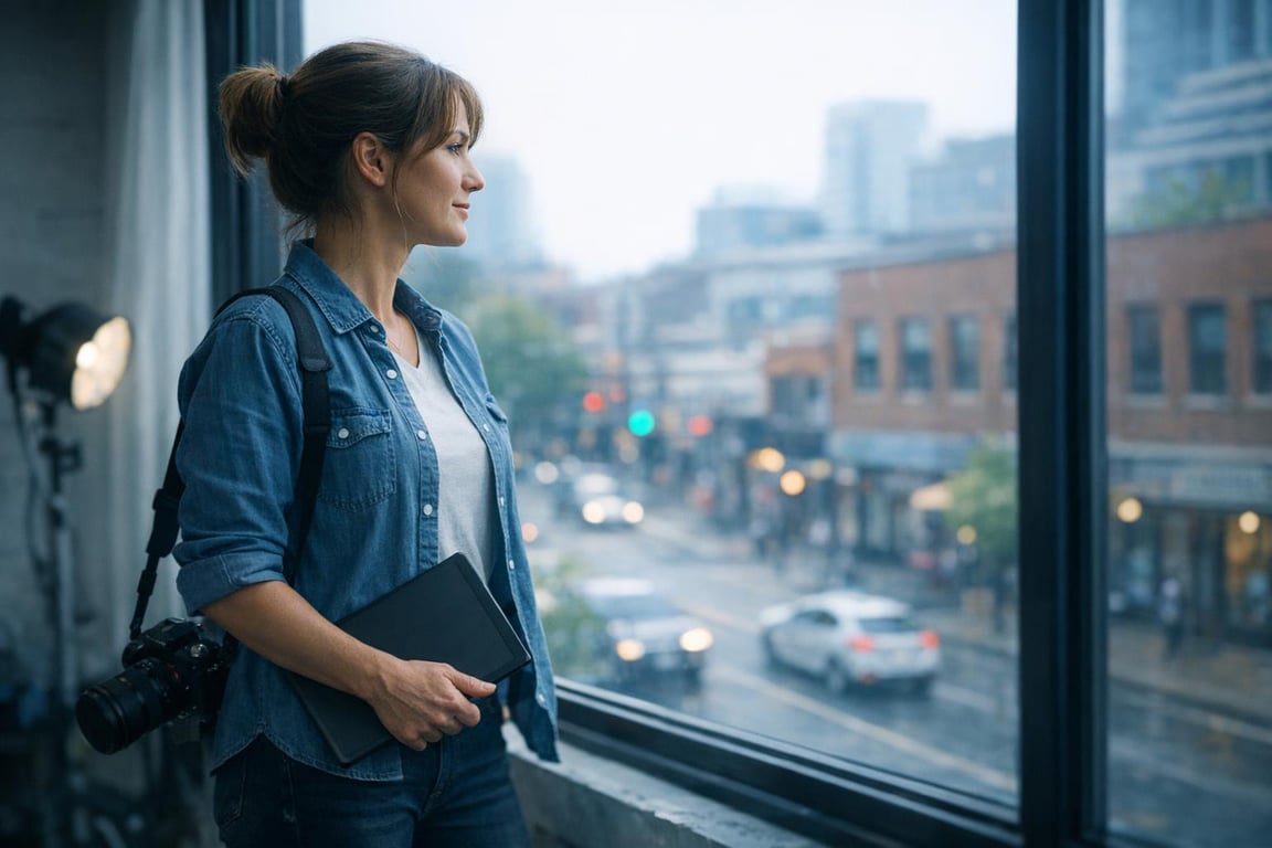 Woman with camera and tablet looking out large window at city street with traffic on a rainy day.
