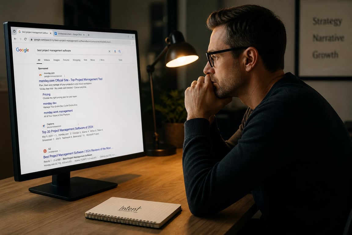 A marketing director studies a search results page before drafting SEO optimized copy, with a blank document open in a second tab