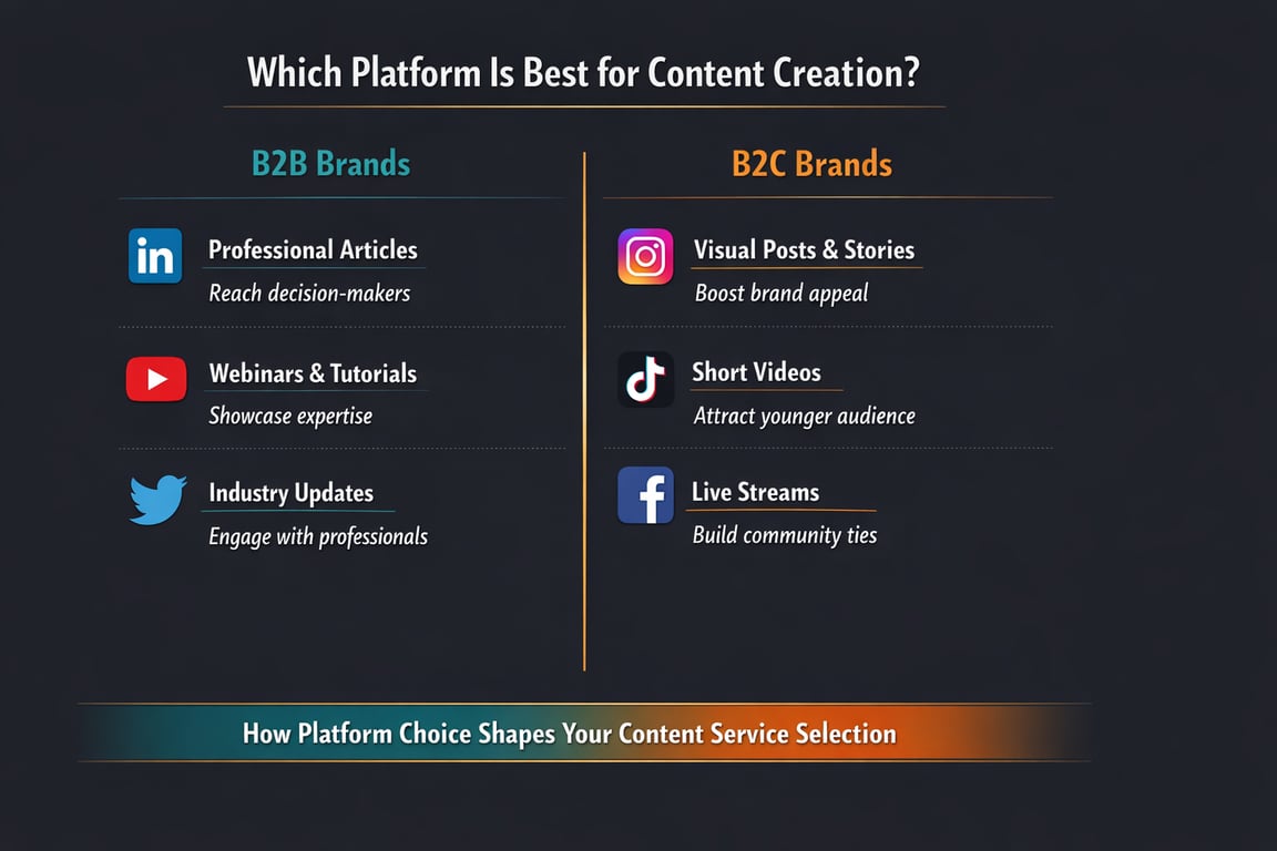 B2B content creation uses LinkedIn for articles, YouTube for webinars, Twitter for updates; B2C uses Instagram, TikTok, Facebook for engagement.