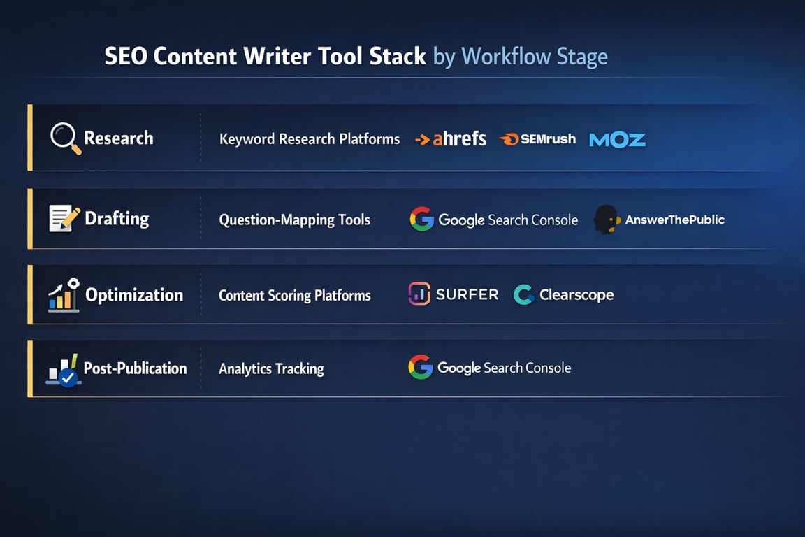 SEO content writer tool stack organized by workflow stage: research, drafting, optimization, and post-publication with popular platform logos.