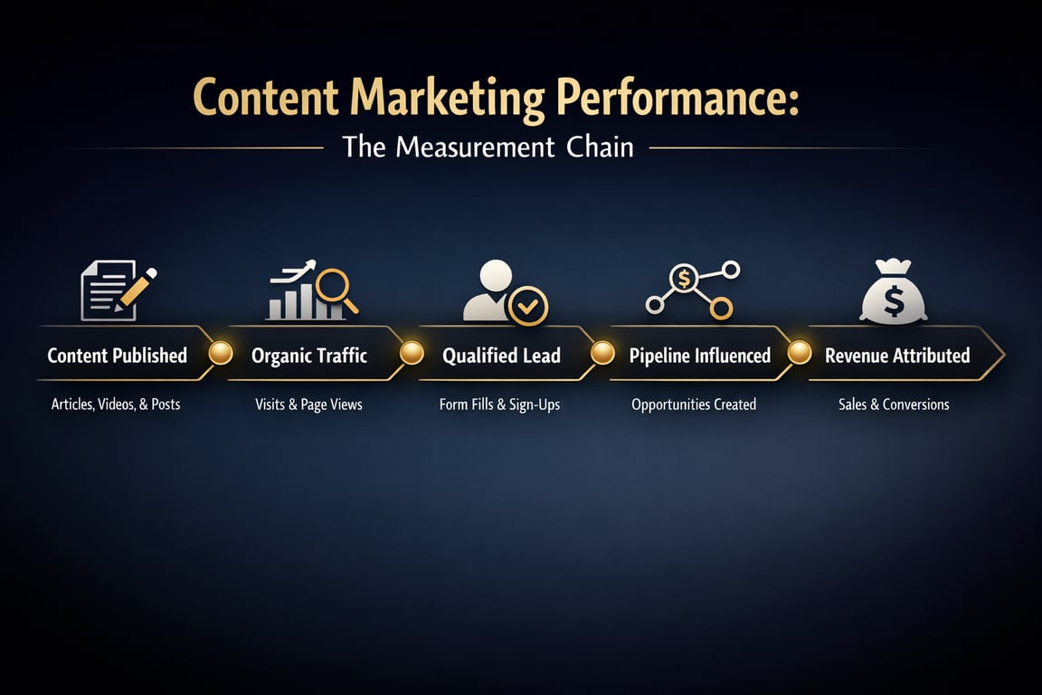 Content marketing performance measurement chain showing steps from content published to revenue attributed with key metrics.
