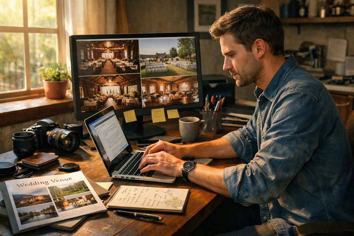 Man working on laptop planning wedding venue with reference photos on desktop monitor in cozy home office.