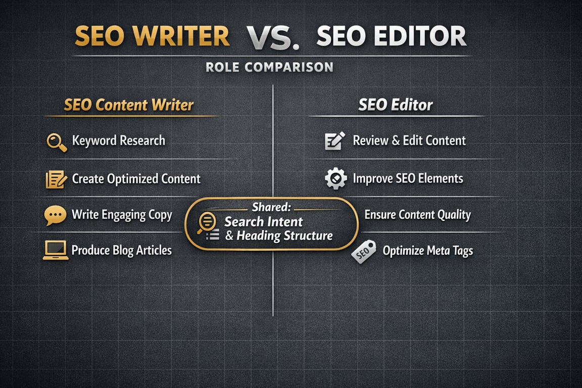SEO writer vs SEO editor role comparison highlighting content creation, editing, keyword research, quality, and meta tags optimization.
