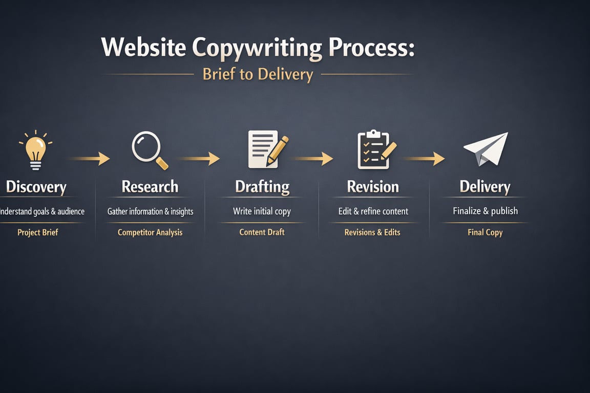 Website copywriting process steps from discovery and research to drafting, revision, and final delivery with icons.