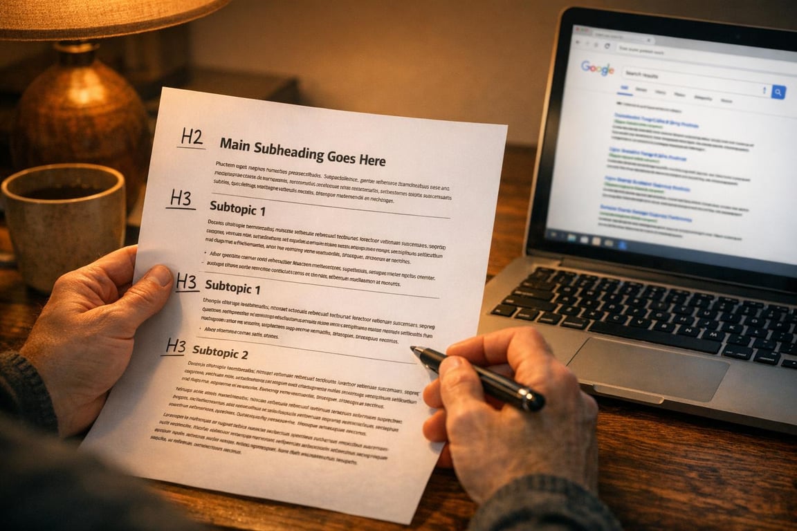 Person holding printed content outline with headings and subtopics, laptop showing Google search results nearby.