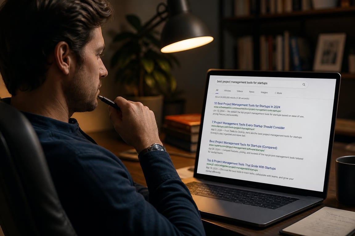 An SEO content writer analyzing competing search results to identify search intent before writing a new article