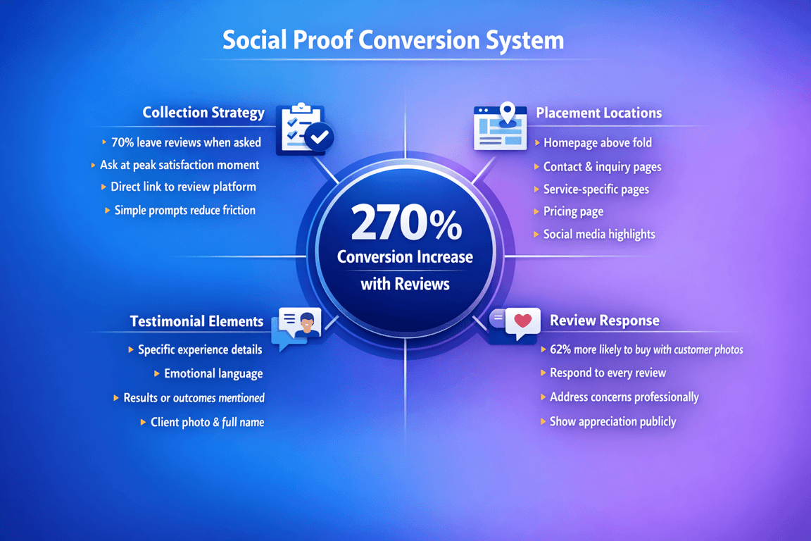 Social Proof Conversion System showing strategies for reviews, placement locations, testimonial elements, and review response tips.