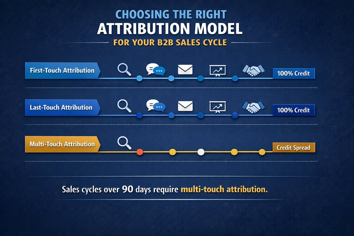 Comparison of first-touch, last-touch, and multi-touch attribution models for B2B sales cycles over 90 days with credit distribution.