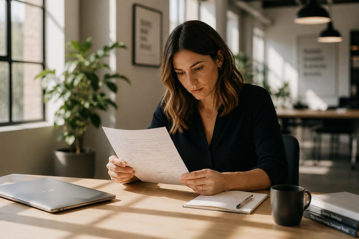 Marketing professional reviewing SEO friendly copywriting notes at a sunlit desk, focused expression, printed document with margin annotations