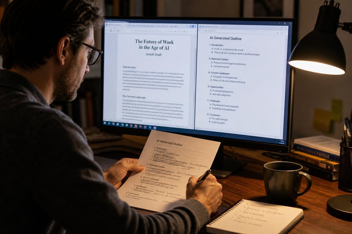 An SEO content writer editing an AI-generated draft by hand, applying human editorial judgment to AI-assisted content output