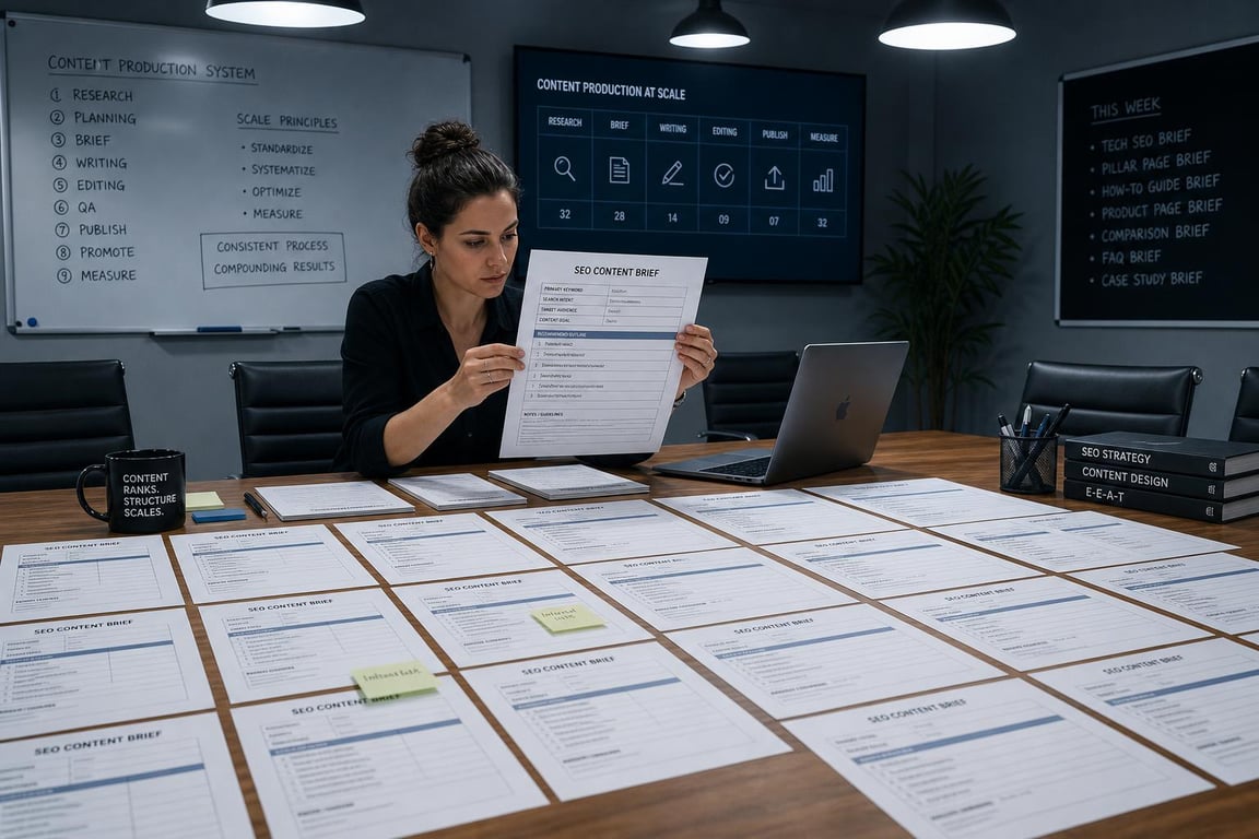 SEO content manager conference table — seo brief template field by field guide
