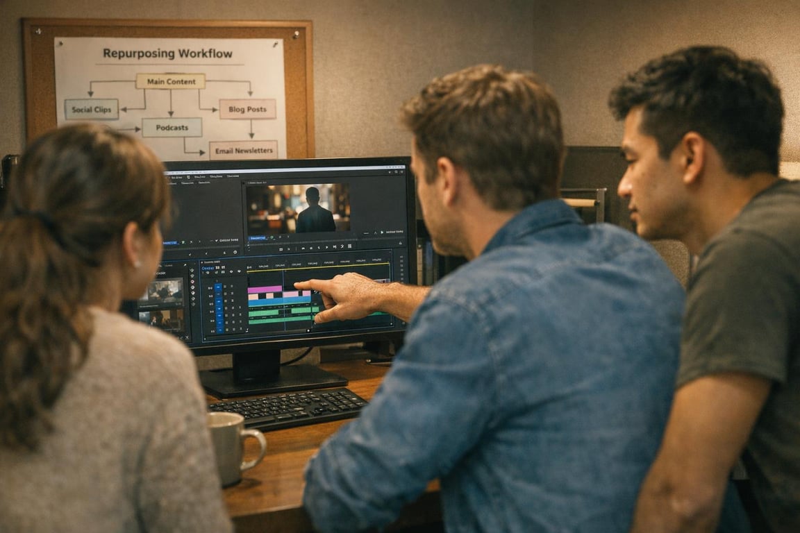 Three people collaborating on video editing at a computer with a repurposing workflow diagram on the wall.
