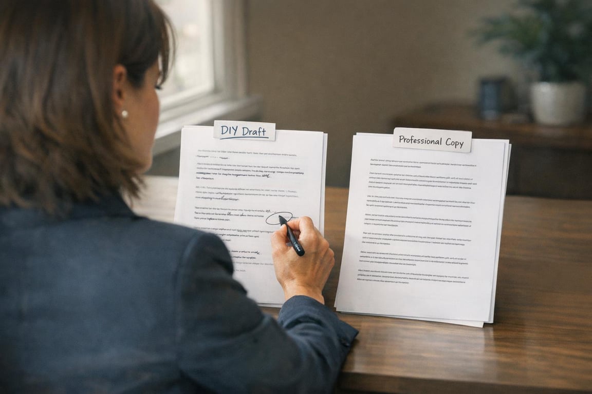 Woman editing handwritten notes on a DIY draft next to a clean professional copy on a wooden table.