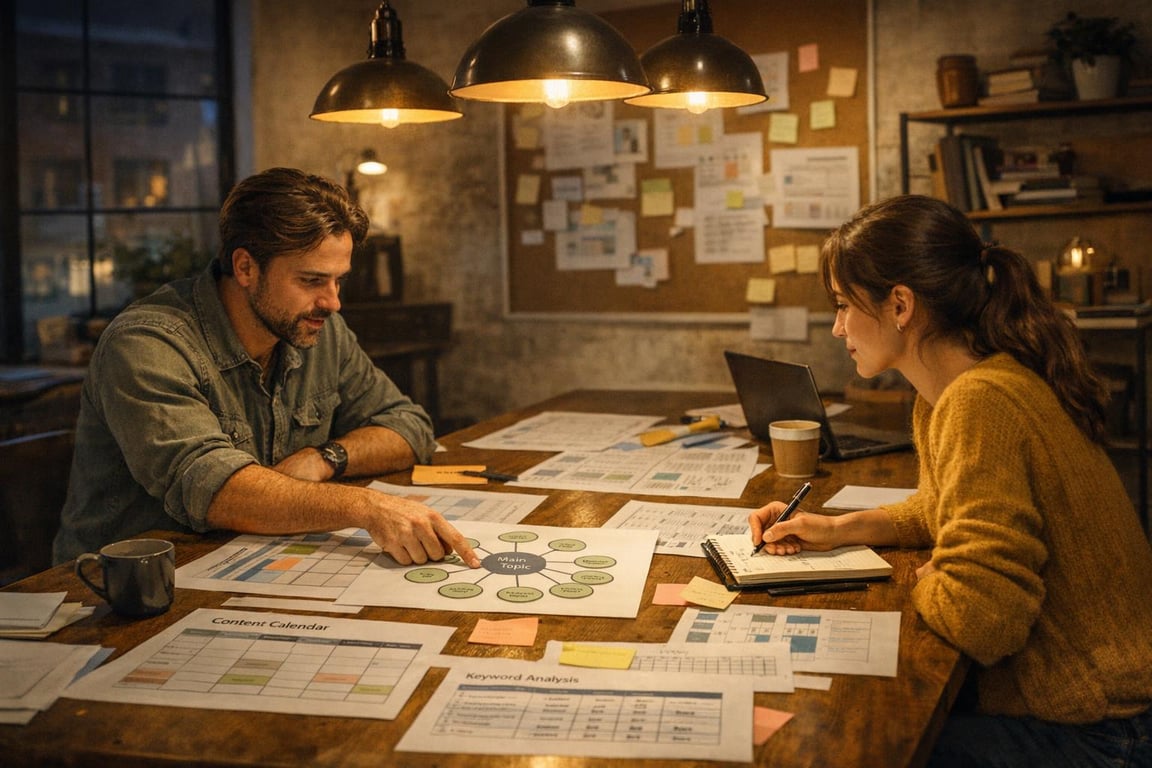Two people working on content planning and keyword analysis in a cozy, dimly lit office setting.