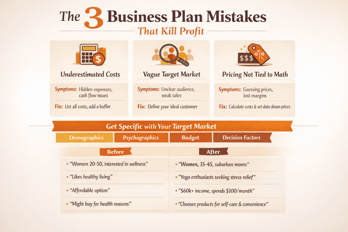 Three business plan mistakes that kill profit: underestimated costs, vague target market, and pricing not tied to math.