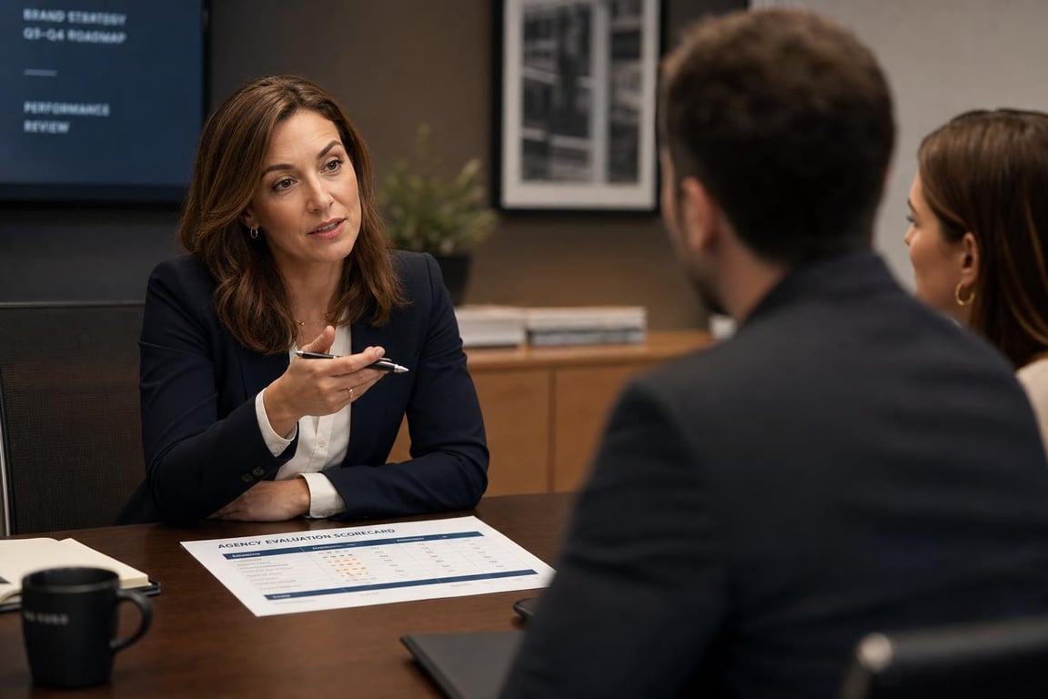 Businesswoman explaining agency evaluation scorecard to two colleagues during a meeting in a modern office.