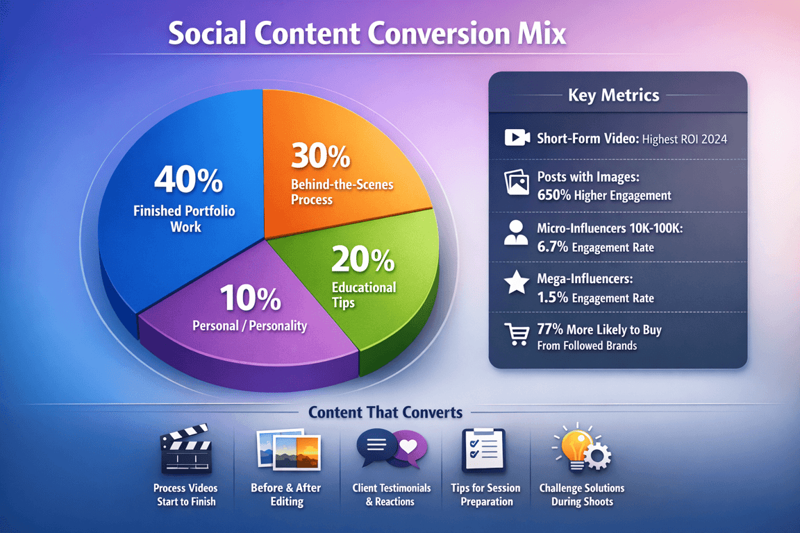 Social content conversion mix pie chart with percentages for portfolio work, process, educational tips, personality, and key social media metrics.
