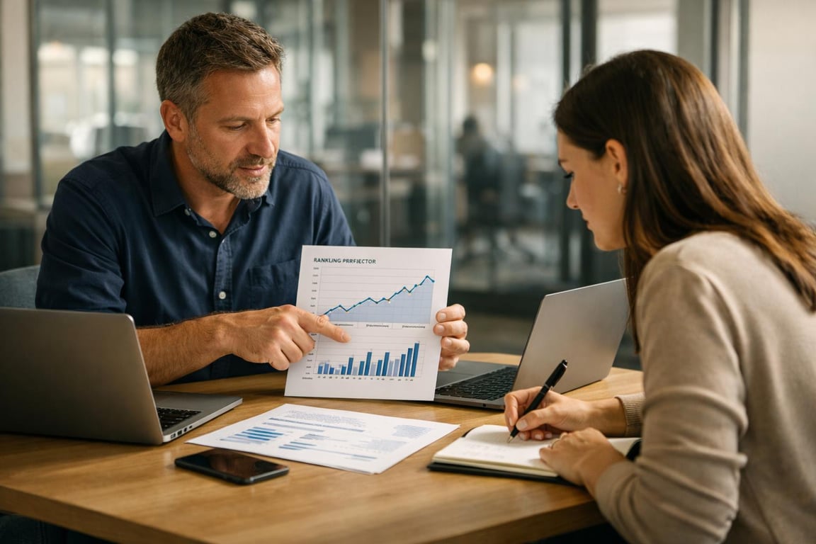 Man showing business growth charts to woman taking notes during office meeting with laptops on table.