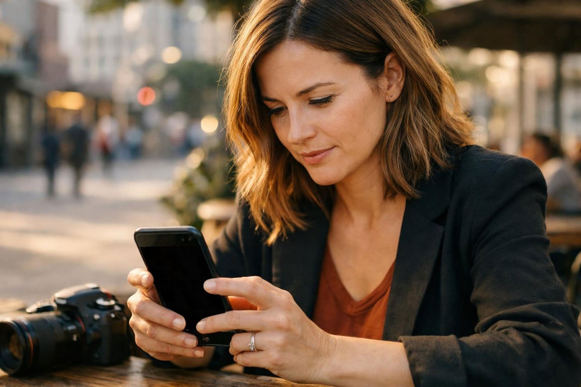 Woman in casual blazer using smartphone outdoors with camera on table in a blurred urban background.