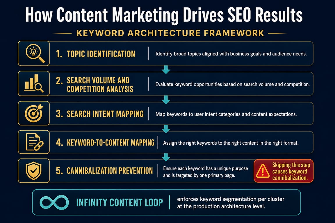 Steps of the keyword architecture framework for content marketing SEO: topic identification, competition analysis, intent mapping, content mapping, and cannibalization prevention.