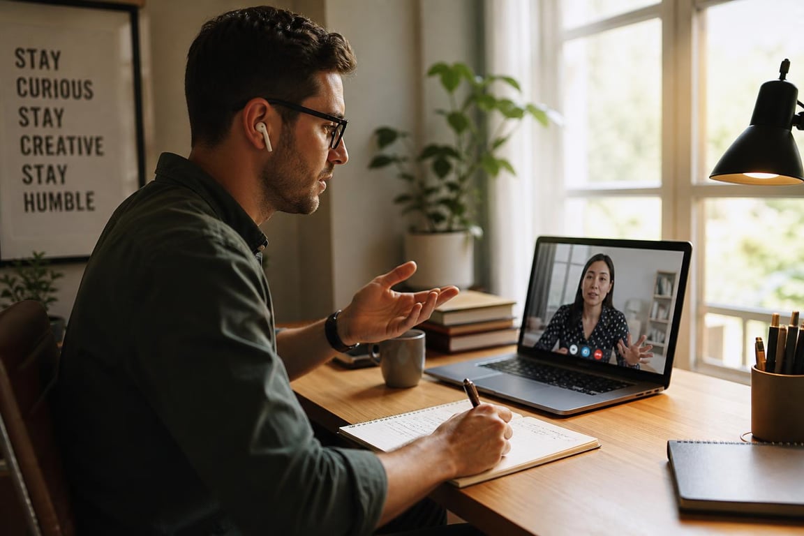 Freelance SEO copywriter on a client video call at a home office desk reviewing handwritten notes in afternoon light