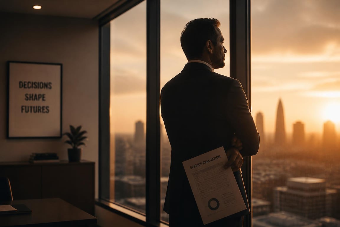 Business owner standing at an office window reviewing a content creation service evaluation document before making a vendor decision