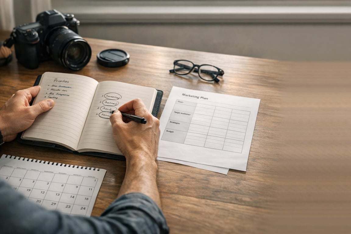 Hands writing marketing priorities in a notebook near a calendar, marketing plan sheet, glasses, and a camera on a wooden desk.