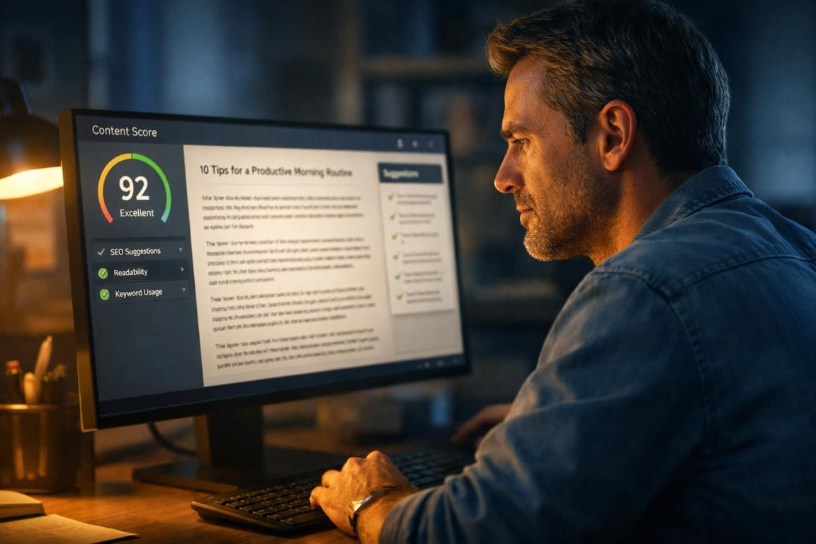 Man reviewing a content score of 92 with SEO suggestions, readability, and keyword usage on a desktop monitor in a dimly lit room.